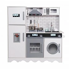 GINGER HOME Children's Wooden Kitchen with Refrigerator, Sink with Running Water, Microwave, Washing Machine and Electronic Functions, 97x30x94 cm