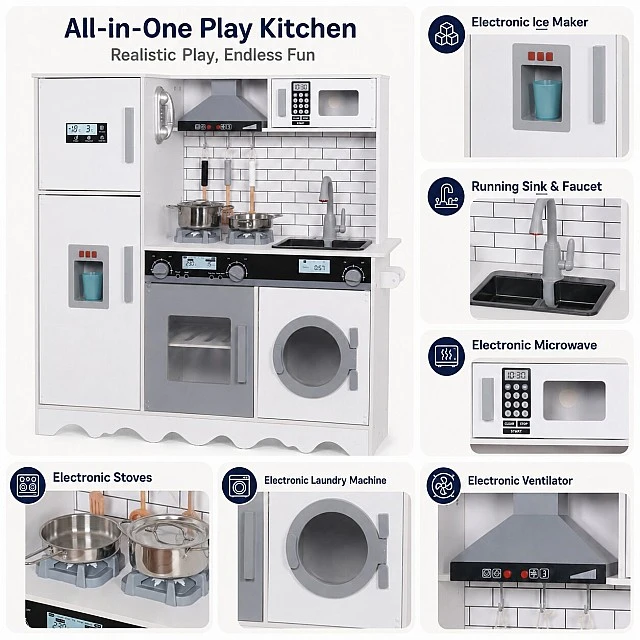 GINGER HOME Children's Wooden Kitchen with Refrigerator, Sink with Running Water, Microwave, Washing Machine and Electronic Functions, 97x30x94 cm
