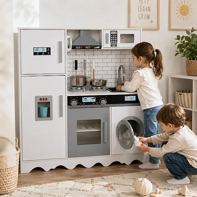 GINGER HOME Children's Wooden Kitchen with Refrigerator, Sink with Running Water, Microwave, Washing Machine and Electronic Functions, 97x30x94 cm