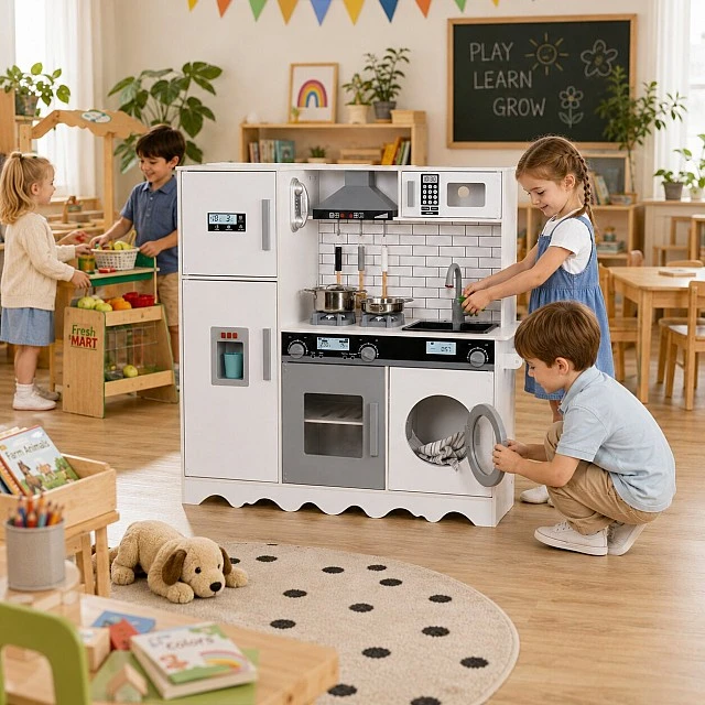 GINGER HOME Children's Wooden Kitchen with Refrigerator, Sink with Running Water, Microwave, Washing Machine and Electronic Functions, 97x30x94 cm