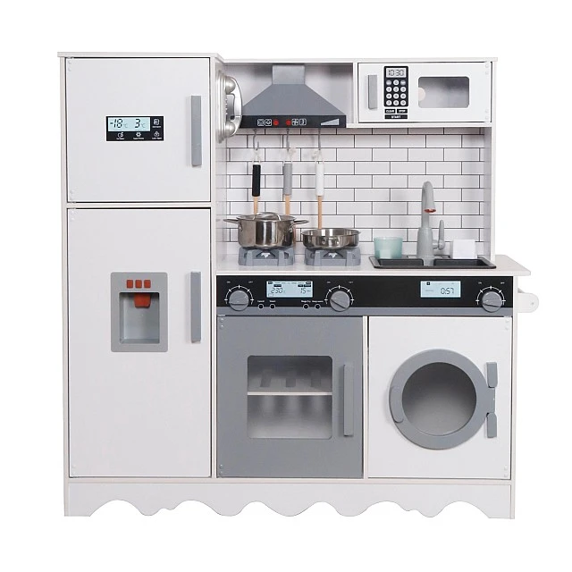 GINGER HOME Children's Wooden Kitchen with Refrigerator, Sink with Running Water, Microwave, Washing Machine and Electronic Functions, 97x30x94 cm