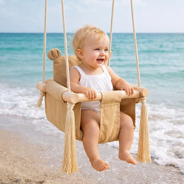 Children's Wooden Swing Teddy Bear GINGER HOME – Soft Cotton Seat, up to 30 kg, 28×28×196 cm
