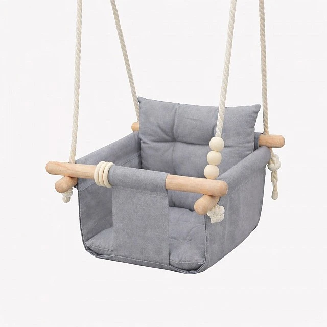 Children's Wooden Swing GINGER HOME Scandi – Soft Cotton Seat with Backrest, 28×28×196 cm