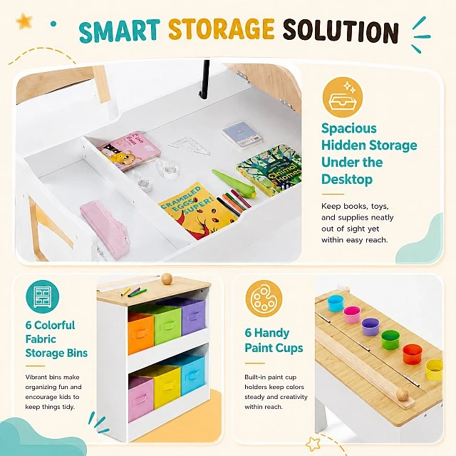 GINGER HOME 3-in-1 Children's Wooden Table with 2 Chairs, Drawing Board, Organizer and Paper Roll, 109x60x55 cm