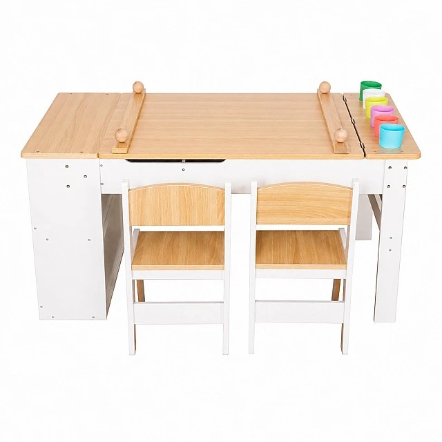 GINGER HOME 3-in-1 Children's Wooden Table with 2 Chairs, Drawing Board, Organizer and Paper Roll, 109x60x55 cm