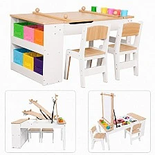 GINGER HOME 3-in-1 Children's Wooden Table with 2 Chairs, Drawing Board, Organizer and Paper Roll, 109x60x55 cm