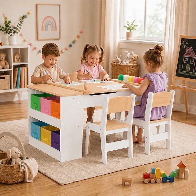 GINGER HOME 3-in-1 Children's Wooden Table with 2 Chairs, Drawing Board, Organizer and Paper Roll, 109x60x55 cm