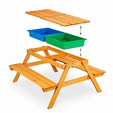 Детска Дървена Маса с Пейки и Пясъчник GINGER HOME – 2в1, Повдигащ се Плот, 90x86x50 см