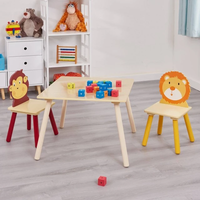 Children’s Wooden Table with 2 Chairs, Set - for Learning, Playing, Drawing, Eating - ANIMALS