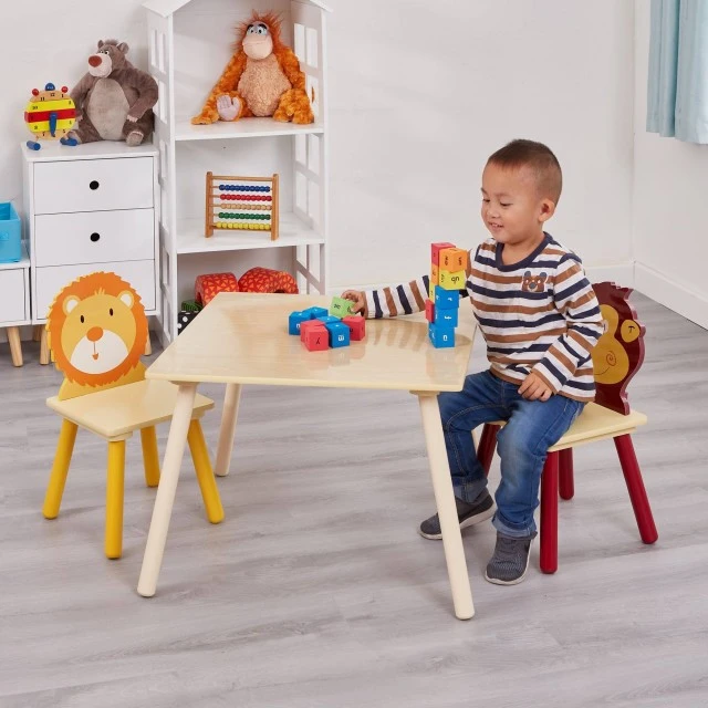Children’s Wooden Table with 2 Chairs, Set - for Learning, Playing, Drawing, Eating - ANIMALS