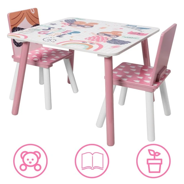 Children’s Table with Chairs, Wooden Set - for Studying, Playing, Eating, Children’s Room Furniture, White and Pink - SUPER GIRL
