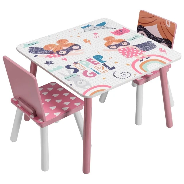 Children’s Table with Chairs, Wooden Set - for Studying, Playing, Eating, Children’s Room Furniture, White and Pink - SUPER GIRL