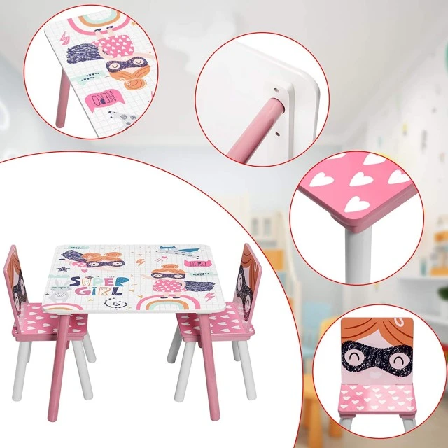 Children’s Table with Chairs, Wooden Set - for Studying, Playing, Eating, Children’s Room Furniture, White and Pink - SUPER GIRL