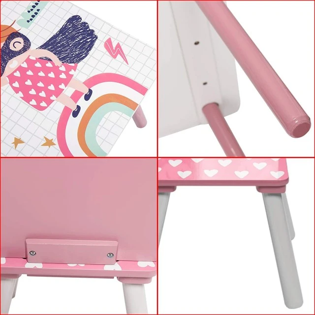 Children’s Table with Chairs, Wooden Set - for Studying, Playing, Eating, Children’s Room Furniture, White and Pink - SUPER GIRL