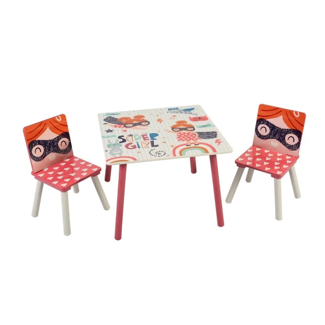 Children’s Table with Chairs, Wooden Set - for Studying, Playing, Eating, Children’s Room Furniture, White and Pink - SUPER GIRL