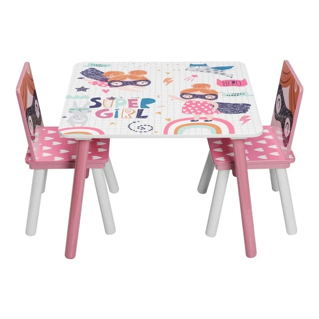 Children’s Table with Chairs, Wooden Set - for Studying, Playing, Eating, Children’s Room Furniture, White and Pink - SUPER GIRL