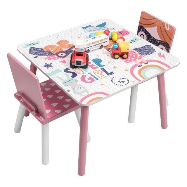 Children’s Table with Chairs, Wooden Set - for Studying, Playing, Eating, Children’s Room Furniture, White and Pink - SUPER GIRL