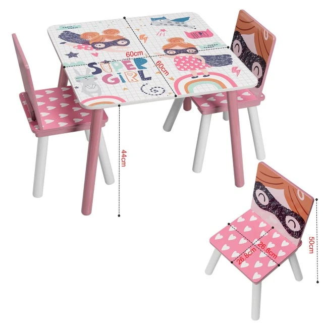 Children’s Table with Chairs, Wooden Set - for Studying, Playing, Eating, Children’s Room Furniture, White and Pink - SUPER GIRL