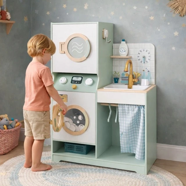 Children’s Wooden Washing Machine 3 in 1 with Sink with Running Water and Dryer GINGER HOME, 86×32×90 cm