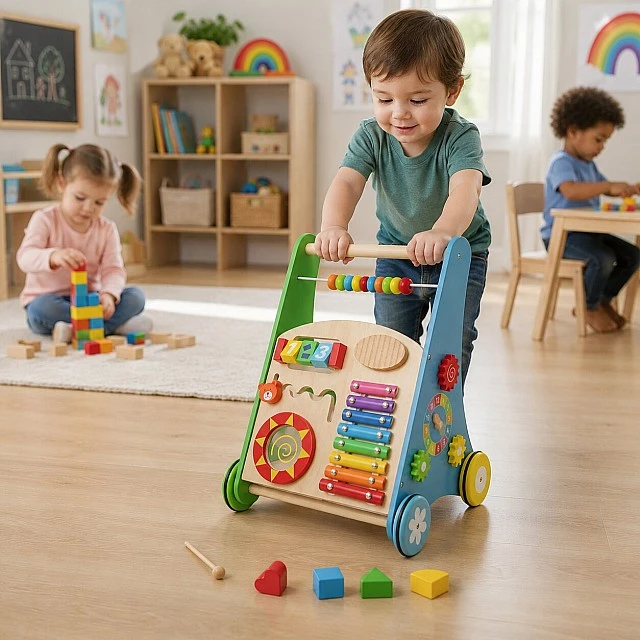 GINGER HOME Children's Wooden Walker with Activities, Xylophone and Sorter, 35.1x31.3x46 cm