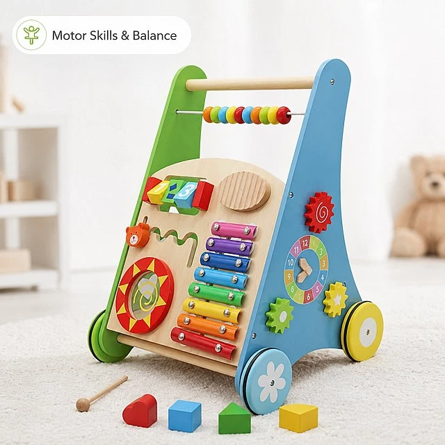 GINGER HOME Children's Wooden Walker with Activities, Xylophone and Sorter, 35.1x31.3x46 cm