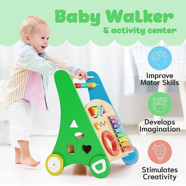 GINGER HOME Children's Wooden Walker with Activities, Xylophone and Sorter, 35.1x31.3x46 cm