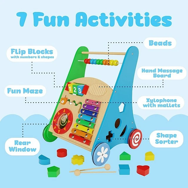 GINGER HOME Children's Wooden Walker with Activities, Xylophone and Sorter, 35.1x31.3x46 cm