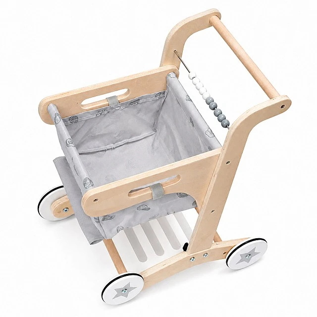 GINGER HOME Wooden Baby Walker, Shopping Cart with Basket, Push Toy, Montessori, 52 cm
