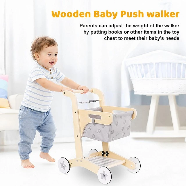 GINGER HOME Wooden Baby Walker, Shopping Cart with Basket, Push Toy, Montessori, 52 cm