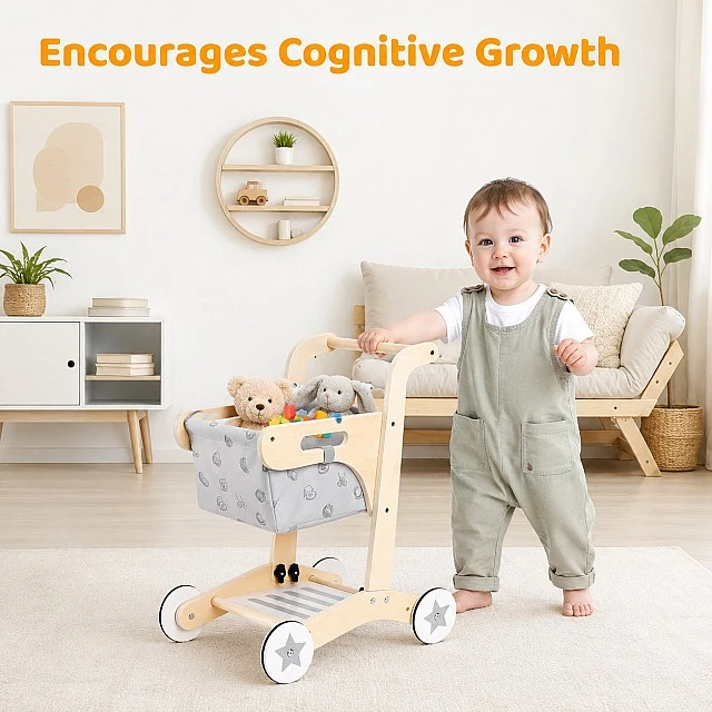 GINGER HOME Wooden Baby Walker, Shopping Cart with Basket, Push Toy, Montessori, 52 cm