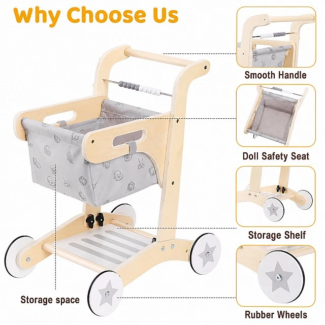 GINGER HOME Wooden Baby Walker, Shopping Cart with Basket, Push Toy, Montessori, 52 cm