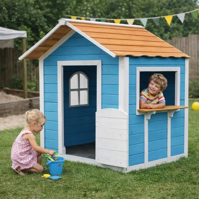 Children's Wooden Playhouse GINGER HOME – For Role Playing, Yard and Garden, Blue, 118×138×132.5 cm