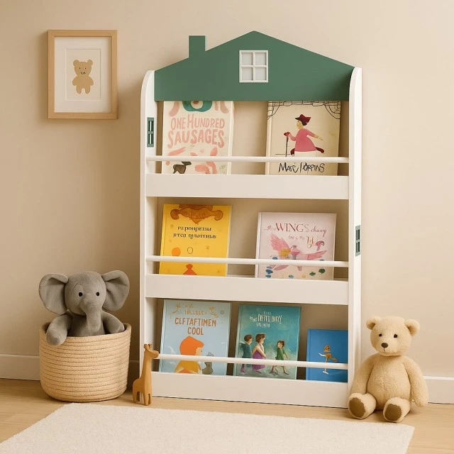Детска Етажерка за Книги и Играчки GINGER HOME – Къщичка, 3 Рафта, Дърво, 60x12x106 см
