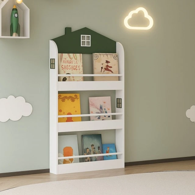 Детска Етажерка за Книги и Играчки GINGER HOME – Къщичка, 3 Рафта, Дърво, 60x12x106 см