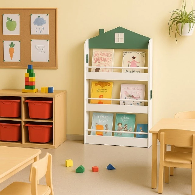 Детска Етажерка за Книги и Играчки GINGER HOME – Къщичка, 3 Рафта, Дърво, 60x12x106 см