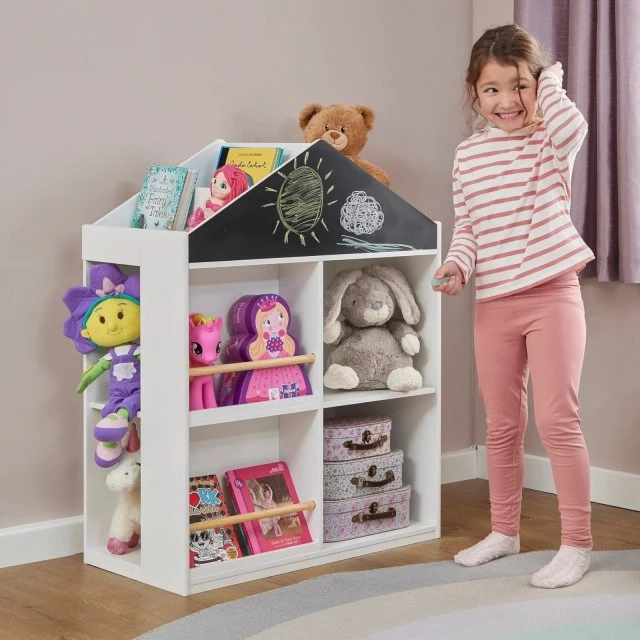 Детска Етажерка Къща с Рафтове за Играчки и Книжки, Дъска за Рисуване – GINGER HOME