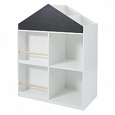 Детска Етажерка Къща с Рафтове за Играчки и Книжки, Дъска за Рисуване – GINGER HOME