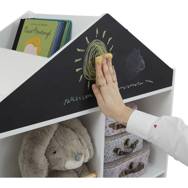 Детска Етажерка Къща с Рафтове за Играчки и Книжки, Дъска за Рисуване – GINGER HOME