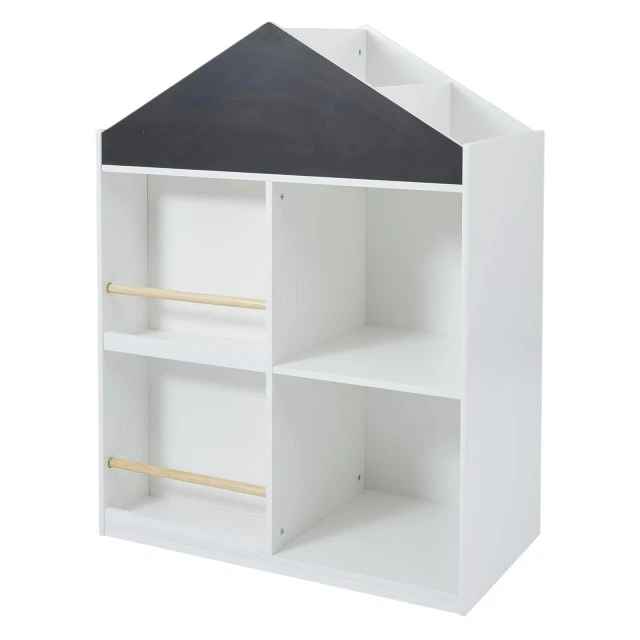 Детска Етажерка Къща с Рафтове за Играчки и Книжки, Дъска за Рисуване – GINGER HOME