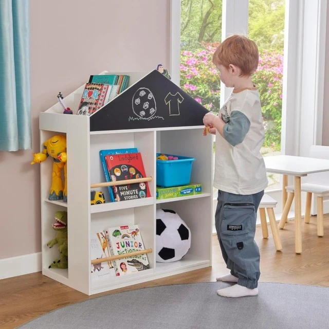 Детска Етажерка Къща с Рафтове за Играчки и Книжки, Дъска за Рисуване – GINGER HOME
