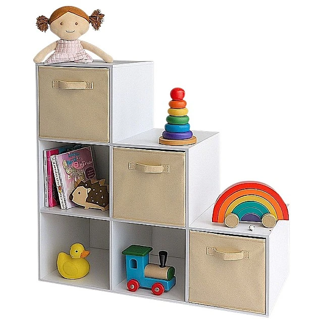 Children's Bookshelf, Toy Organizer, GINGER HOME with 6 Compartments and Textile Boxes, White, Montessori Furniture