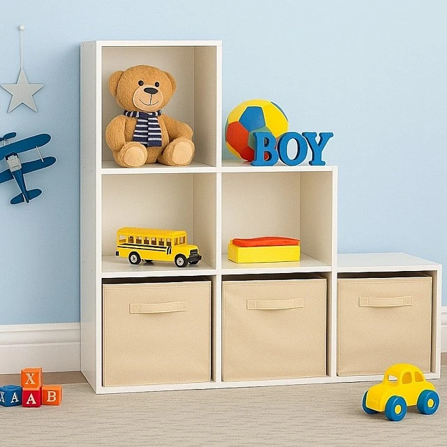 Children's Bookshelf, Toy Organizer, GINGER HOME with 6 Compartments and Textile Boxes, White, Montessori Furniture