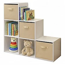 Детска Етажерка, Органайзер за Играчки, GINGER HOME с 6 Отделения и Текстилни Кутии, Бяла, Монтесори Мебел
