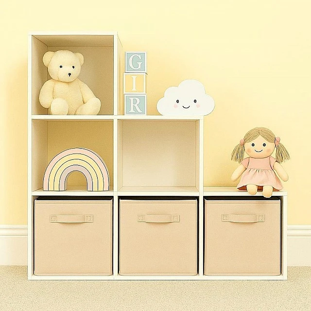 Children's Bookshelf, Toy Organizer, GINGER HOME with 6 Compartments and Textile Boxes, White, Montessori Furniture