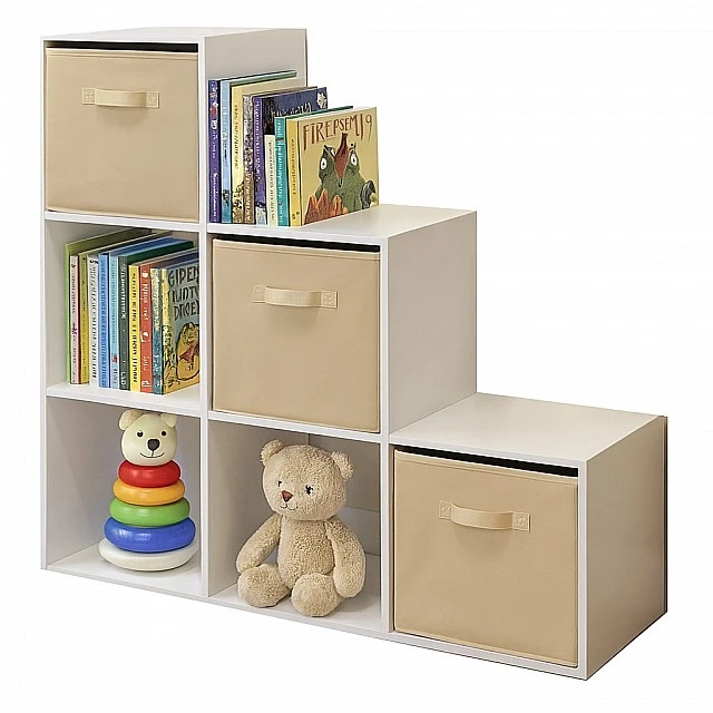 Children's Bookshelf, Toy Organizer, GINGER HOME with 6 Compartments and Textile Boxes, White, Montessori Furniture