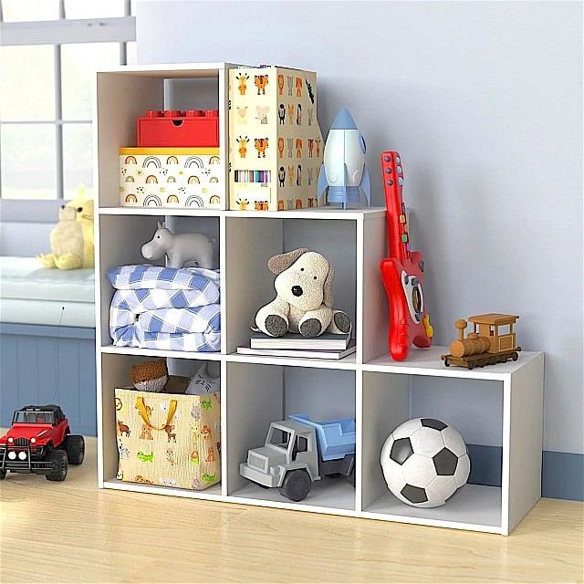 Children's Bookshelf, Toy Organizer, GINGER HOME with 6 Compartments and Textile Boxes, White, Montessori Furniture