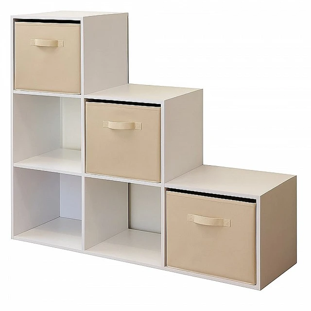 Children's Bookshelf, Toy Organizer, GINGER HOME with 6 Compartments and Textile Boxes, White, Montessori Furniture