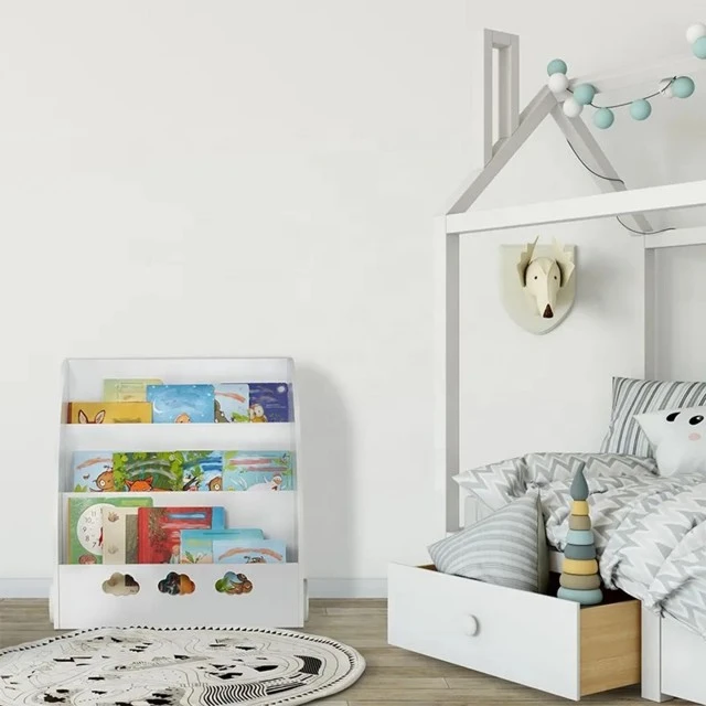 Children’s Wooden Bookshelf, Book and Toy Organizer, Cloud Storage Section - White