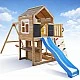 Голяма Детска Дървена Къщичка GINGER HOME за Двор с Пързалка, 2 Люлки, Катерушка и Пясъчник – 250×150×267 см