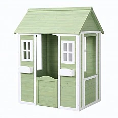 Детска Дървена Къщичка за Игра на Открито GINGER HOME – Градинска Къща за Деца, Зелено и Бяло, 107×90×144 см